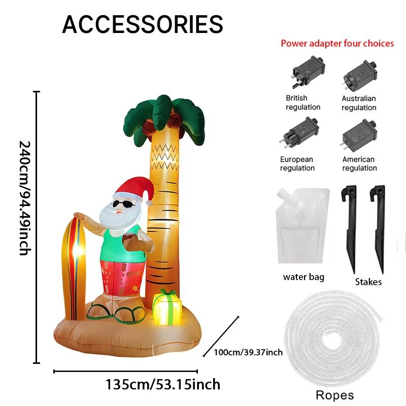 7.8FT LED Inflatable Xmas Yard Decor Beach Style Santa Claus Surfboard Palm Tree Christma Decoration Supplie Ornaments Toy Gifts