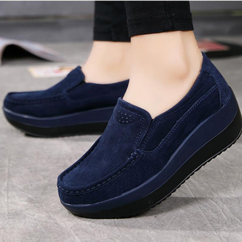 Cow Suede Slip-on Loafers Women Fashion Platform Shoes Non-slip Walking Rocker Shoes Elegant Mother Shoes