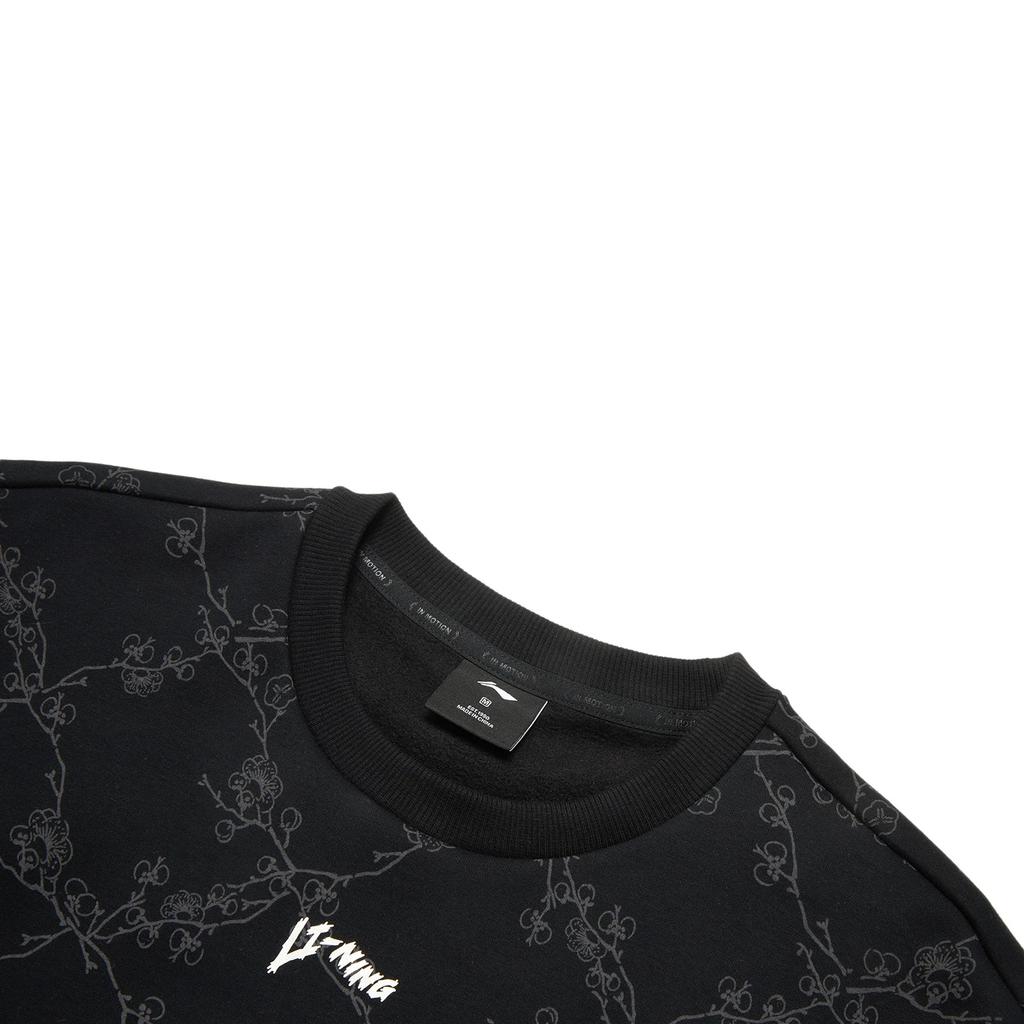 Li Ning Full Print Fleece Warm Antibacterial Loose Pullover Sweatshirt Women sweatshirt Black AWDT792-4