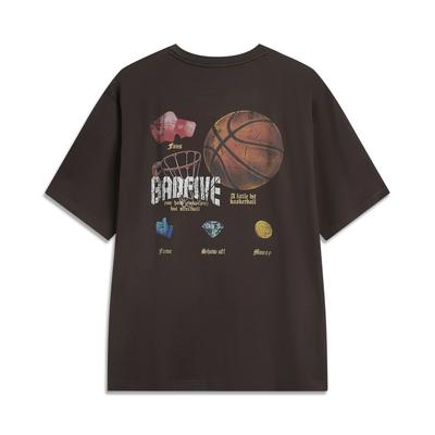 Li Ning Bad Five Letter Round Neck Comfortable Breathable Versatile Loose Short Sleeve T-Shirt Men T-Shirt Black Chocolate AHSV063-3