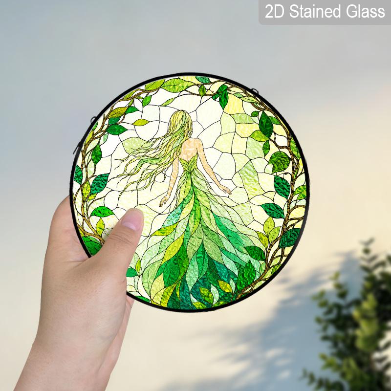2D Flat Stained Glass Green Genie Window Decoration, 6.3/7.87inches Colored Glass Plate with Chain, Charming Indoor/Outdoor Spring Summer Sun Catcher