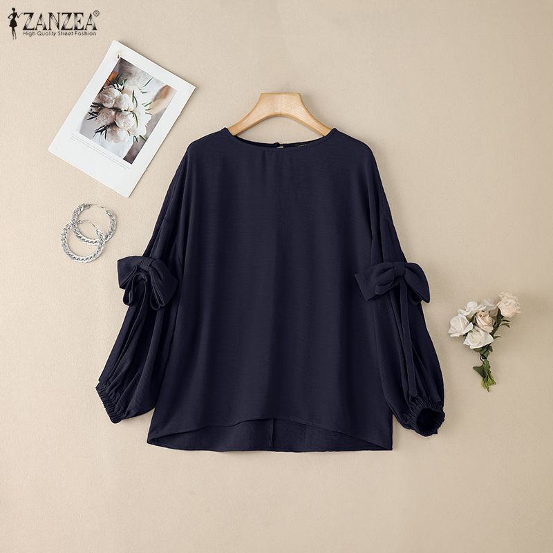 ZANZEA Women Round Neck Solid Color 3/4 Sleeve Casual Blouse