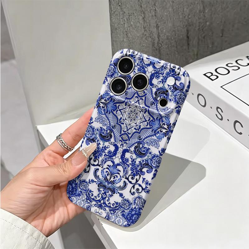 Porcelain Blue Stylized Floral Pattern Art Graphic Design Film Aesthetic Protective Shockproof Bumper Phone Case Cover For iPhone 14 15 16Pro Max Plus
