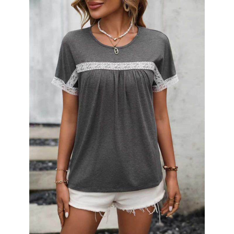 Women Short Sleeve Round Neck Lace Spliced Casual T Shirt
