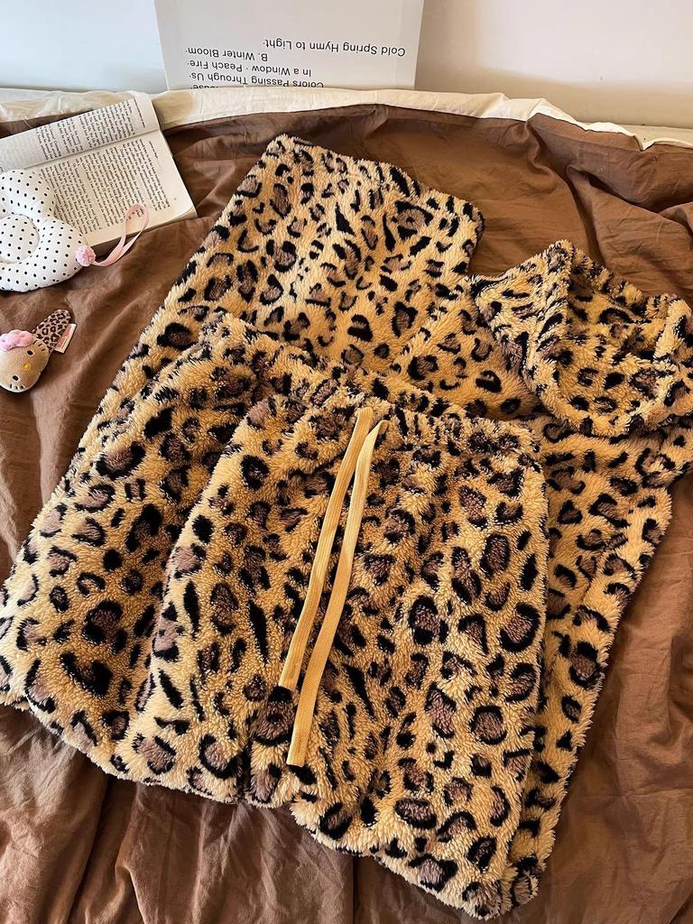 Jogging Velours Large Jambe Imprimé Léopard Taille Haute à Cordon de Serrage pour Femmes