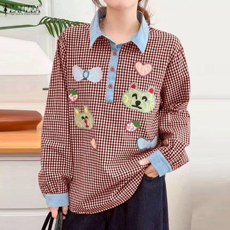 ZANZEA Women Casual Turn Down Collar Long Sleeve Plaid Print Blouse