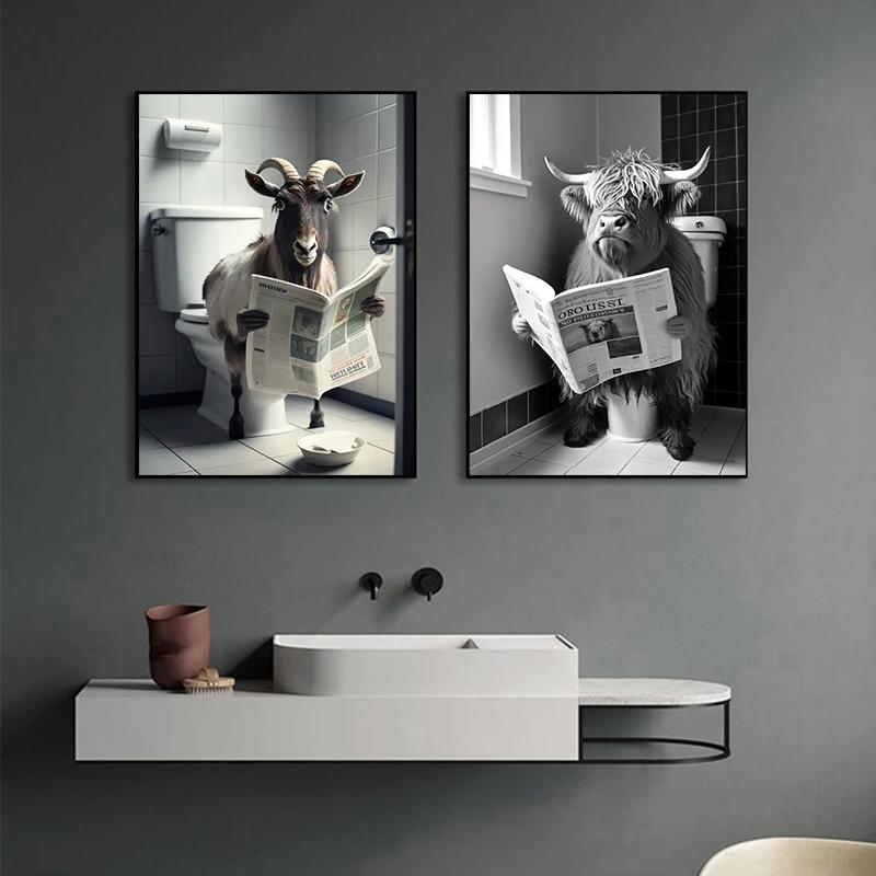 Funny Bathroom Humorous Animal Bear Dog Tiger Sitting On Toilet Reading Newspaper Canvas Painting Posters and Prints Wall Art
