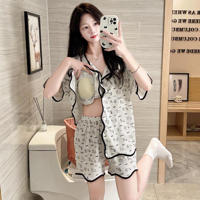 Women's Thin Korean-Style Sweet Pajama Set with Bra Pads - Summer Short Sleeve & Shorts Cardigan, Anti-Pilling Home Wear