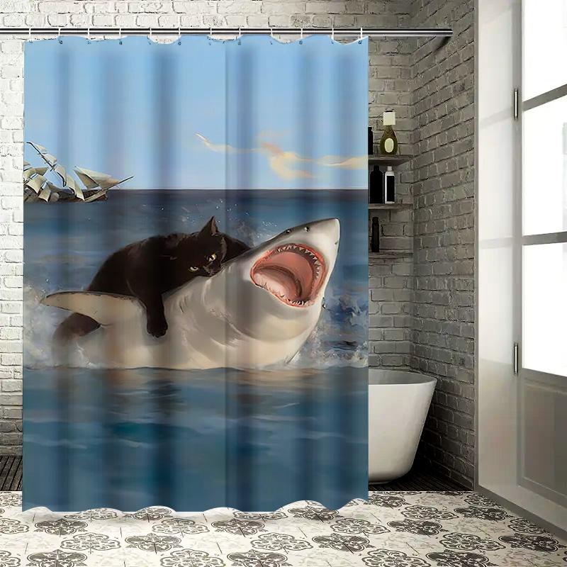 

Cat Riding Shark Waterproof Shower Curtain Heat Resistant Machine Washable Non-Transparent 180X180Cm W60H190(CM)-1 Pcs