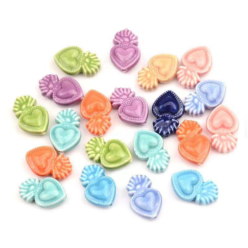 Glazed Ceramic Heart Beads with Vertical Holes for DIY Jewelry and Crafts