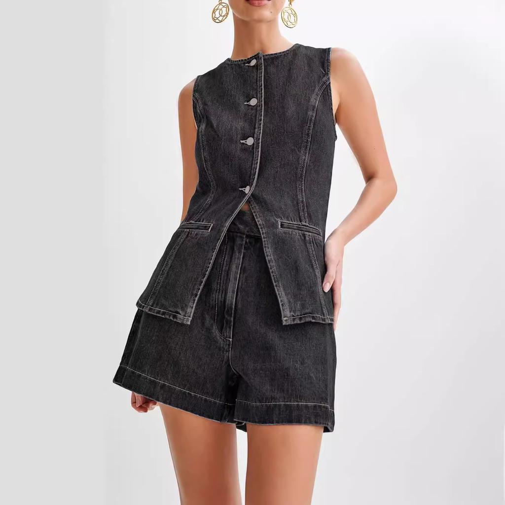 IHUASU Summer Fashion Casual Sleeveless High-waisted Women's Suit Denim Shorts