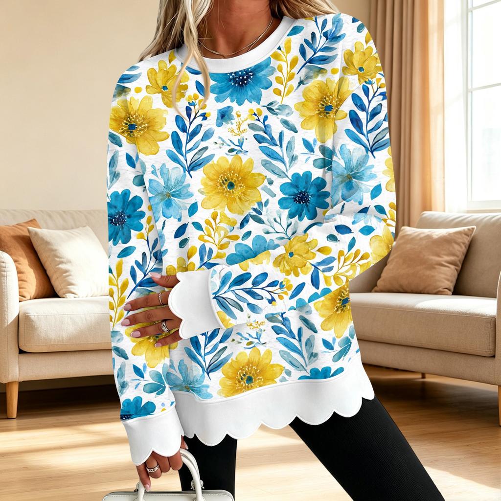 Dame Sweatshirt med Blomstertryk og Rund Hals med Skåret Bølget Kant Langærmet Pullover Top