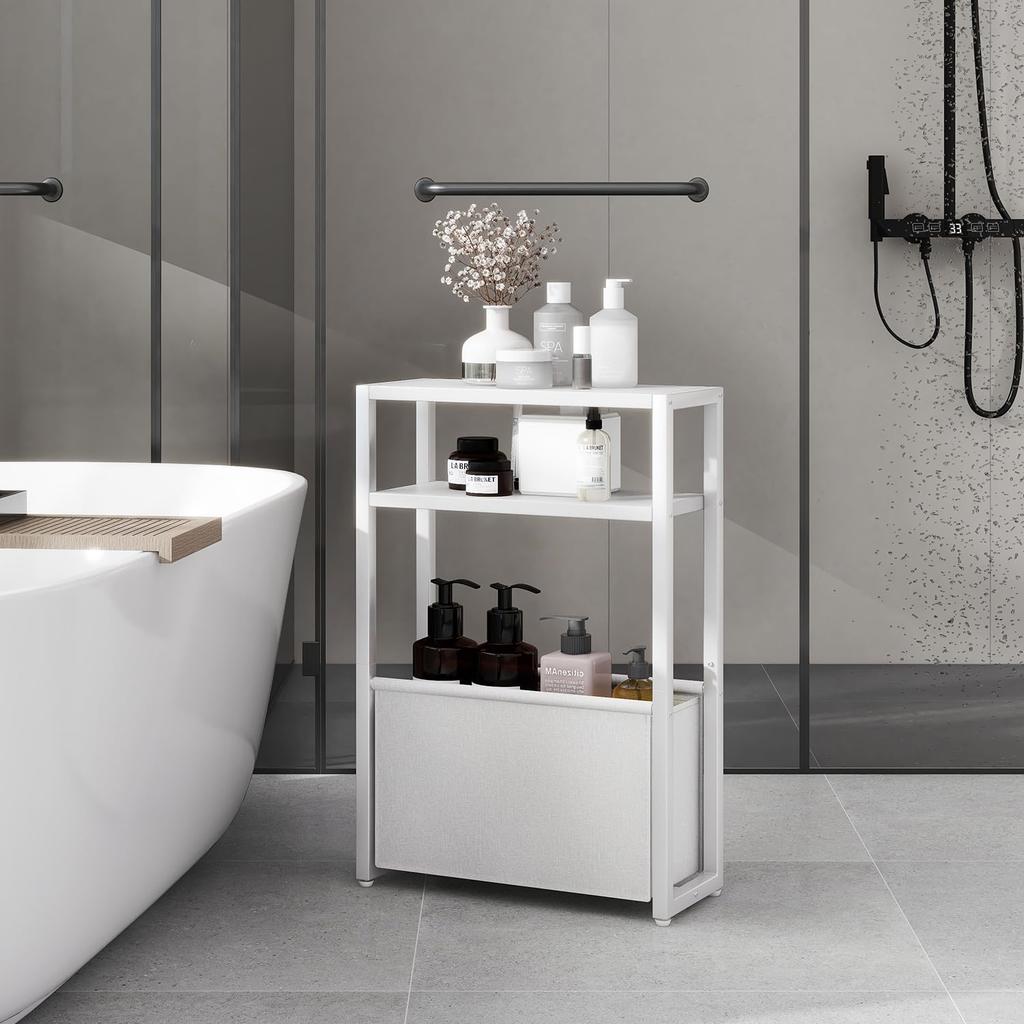 IBUYKE Slim Side Table with Cloth Bag and Storage 43cm x 18cm x 65cm 3 Bedside Magazine Small Magazine for Small Vintage Telephone Living White