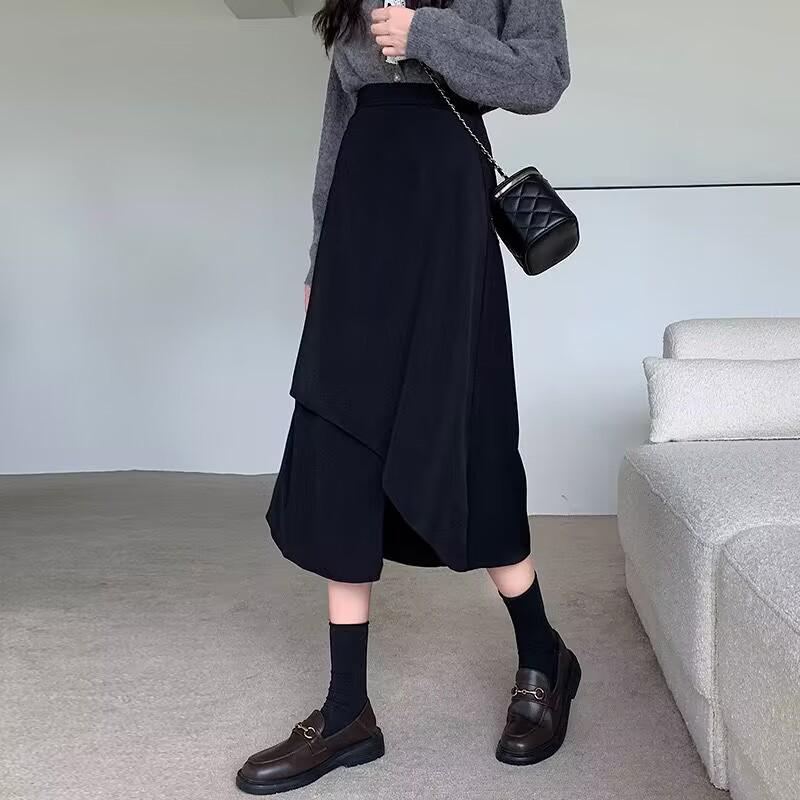 Black Irregular High-Waisted A-Line Skirt - Mid-Length Umbrella Style for Spring & Autumn 2026