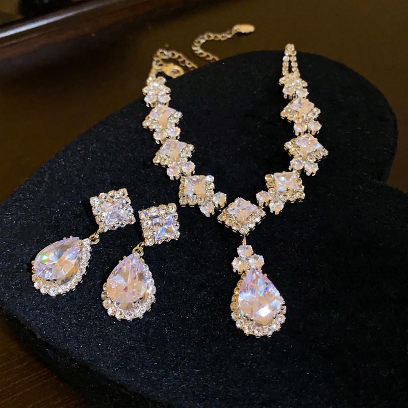 Luxury Geometric Rhombus Water Drop CZ Necklace & Earring Set