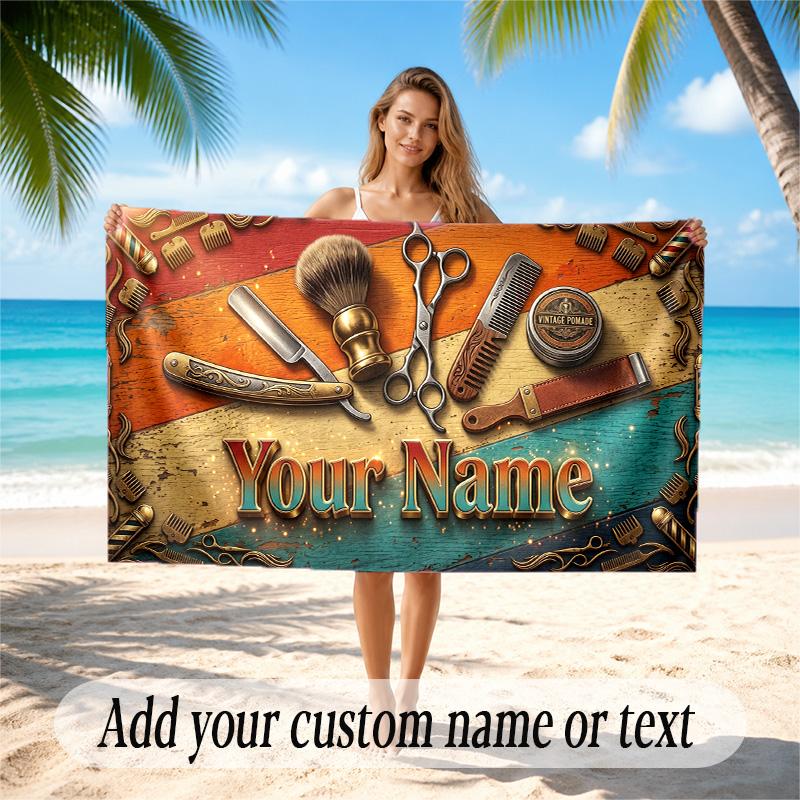 Barber Salon Theme Quick Dry Beach Towel Custom Name Text Print Large Sand Resistant Towel Beach Vacation