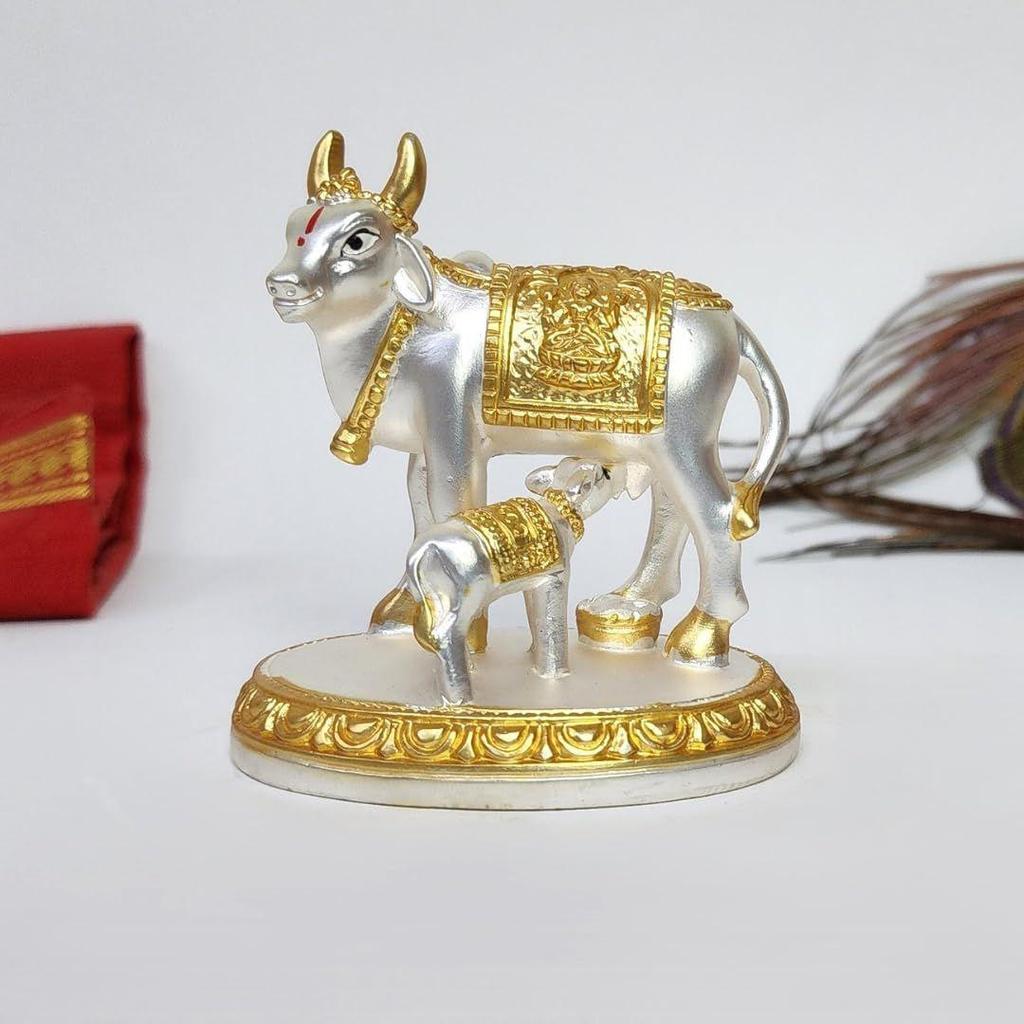Kamdhenu Cow with Calf Idol Gold Silver Plated with Matte Finish | Home Decor Gaay Bachda Cow| Positive Energy | Wealth Idol Diwali Puja