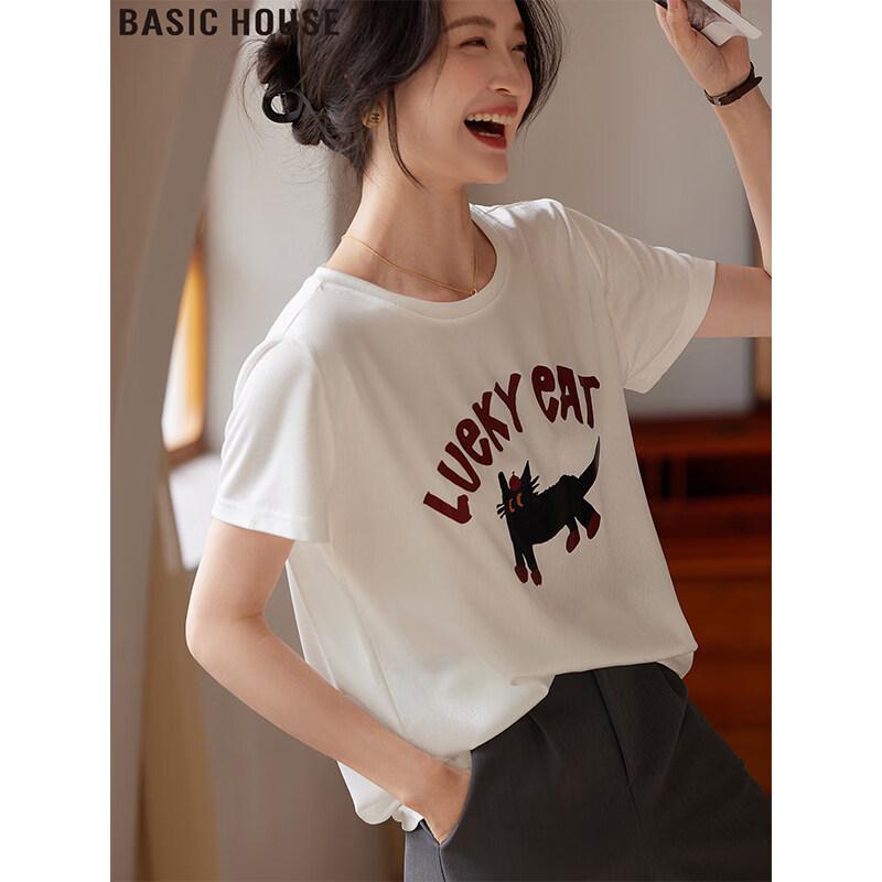Basic House Women s White Cartoon Cat Print T-Shirt M