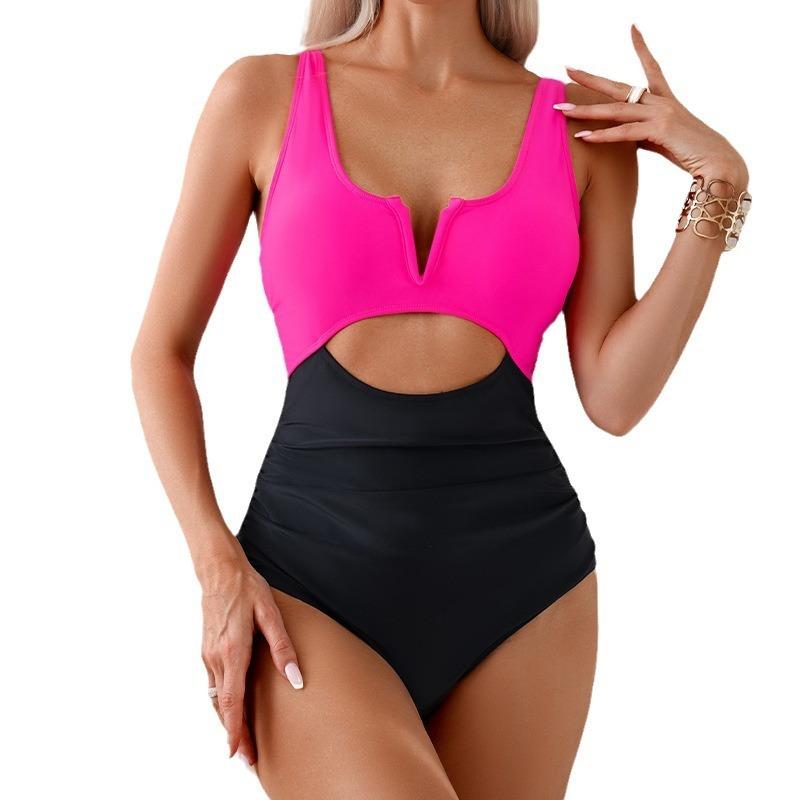 Women Color Block One Piece Swimsuit Quick Dry Slimming Tummy Coverage Bathing Suit