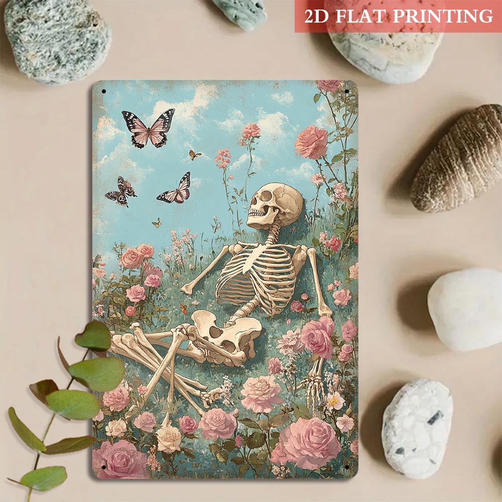 2D Flat - A 2D Flat Piece Featuring a Skull And Rose Design, Made of Iron Metal, Measuring 8X12 Inches. It Embodies a Vintage Aesthetic with Gothic Ar