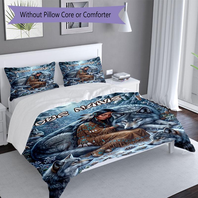 3PC Custom Name Wolf Spirit Connection Bedding Set Duvet Cover Closure Includes 1 Duvet Cover & 2 Pillowcases for Bedroom