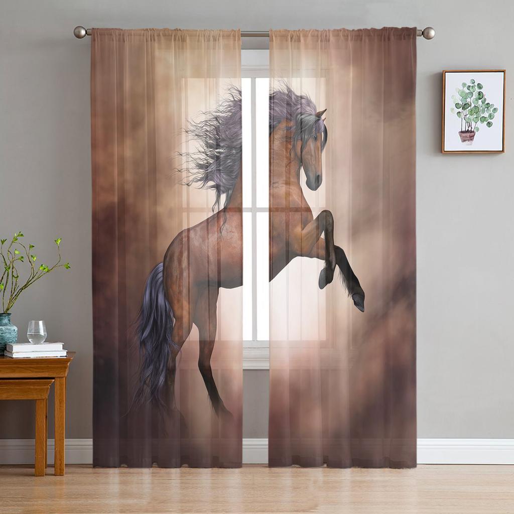Animal Horse Watercolor Painting Tulle Curtains for Living Room Bedroom Decoration Chiffon Sheer Voile Kitchen Window Curtain
