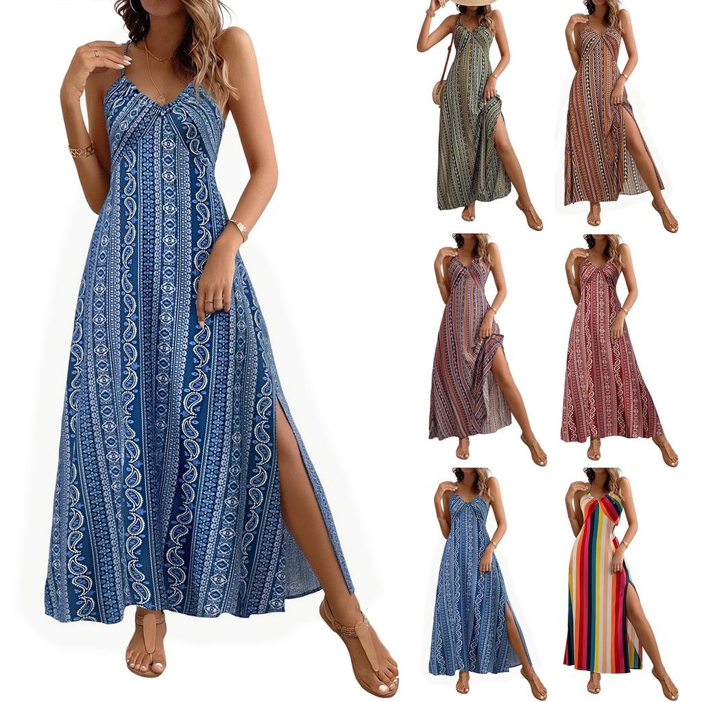 Women's Summer Fashion Sexy V-neck Strap Sleeveless Retro Flower Printed Beach Split Dress