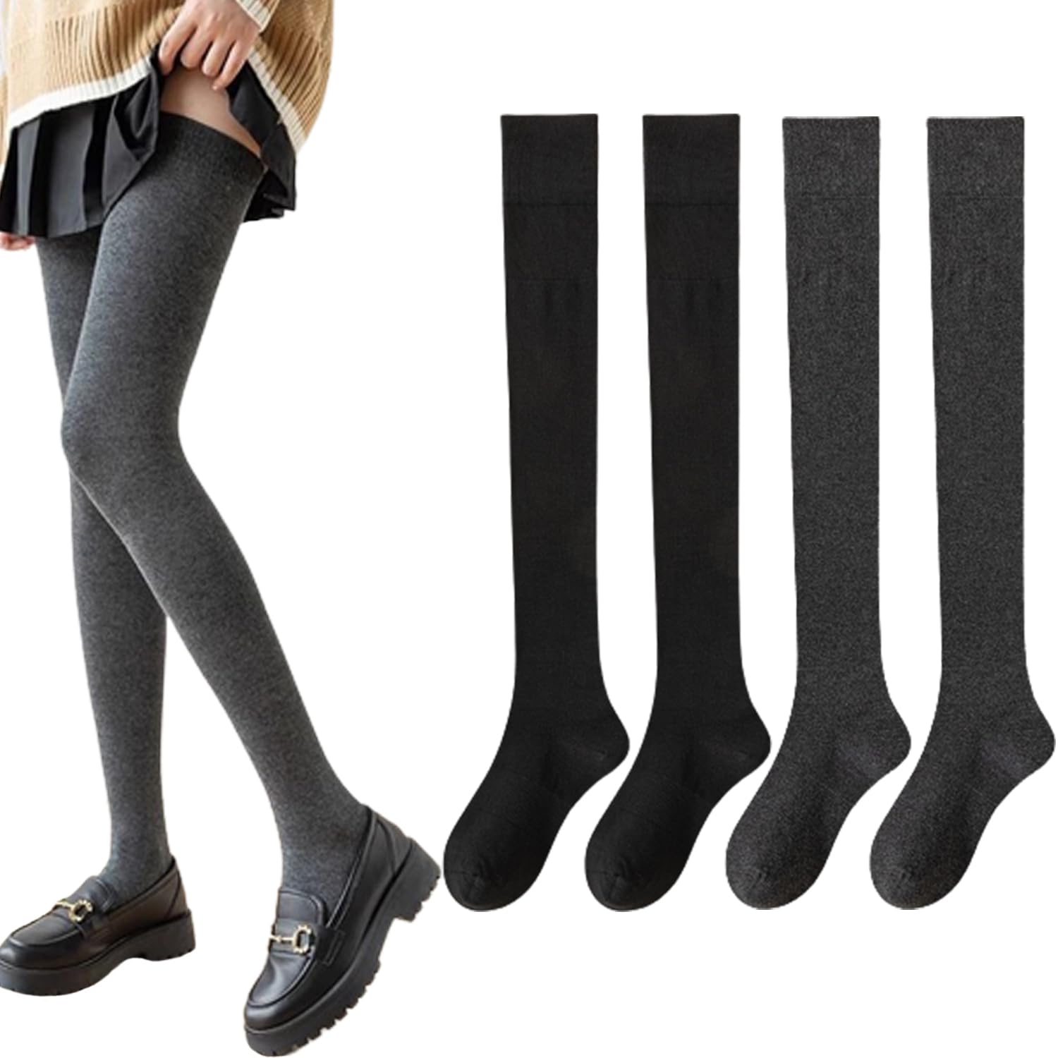 

Дополнительные носки для длинных носков Ech.Apr выше колена, набор из 2 пар, длинные, до бедра, женские, теплые, носки, чулки, (Черный + Серый)