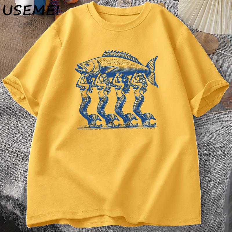 Mermaid Fish TShirt Trendy Beach T Shirt Summer Vacation Tshirt Shortsleeve Printed Cotton Graphic Tees Womens Top Clothes