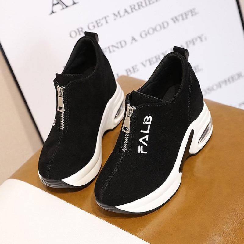 Chunky Sneakers Women's Autumn Casual Height Increased Wedges Shoes Suede Platform Vulcanize Shoe Zipper Loafers Chaussure Femme