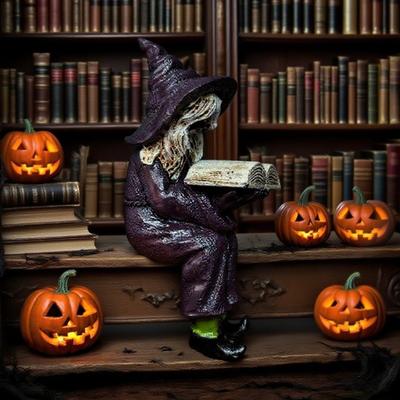 Figurka čarodějnice čtoucí Halloweenský sedáček na polici Soška čarodějnice Pryskyřice Gotická
