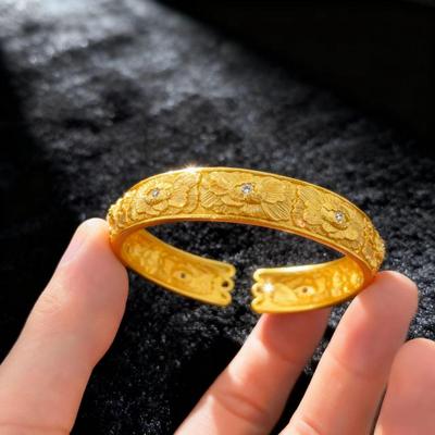 Gold Engraved Peony Flower Open Bangle Bracelet - National Style Copper Jewelry