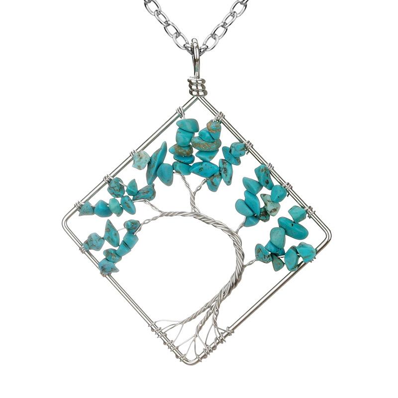 Wrapped Colorful Natural Stone Crystal Square Curved Tree Of Life Pendant Necklace N08 Fresh And Sweet