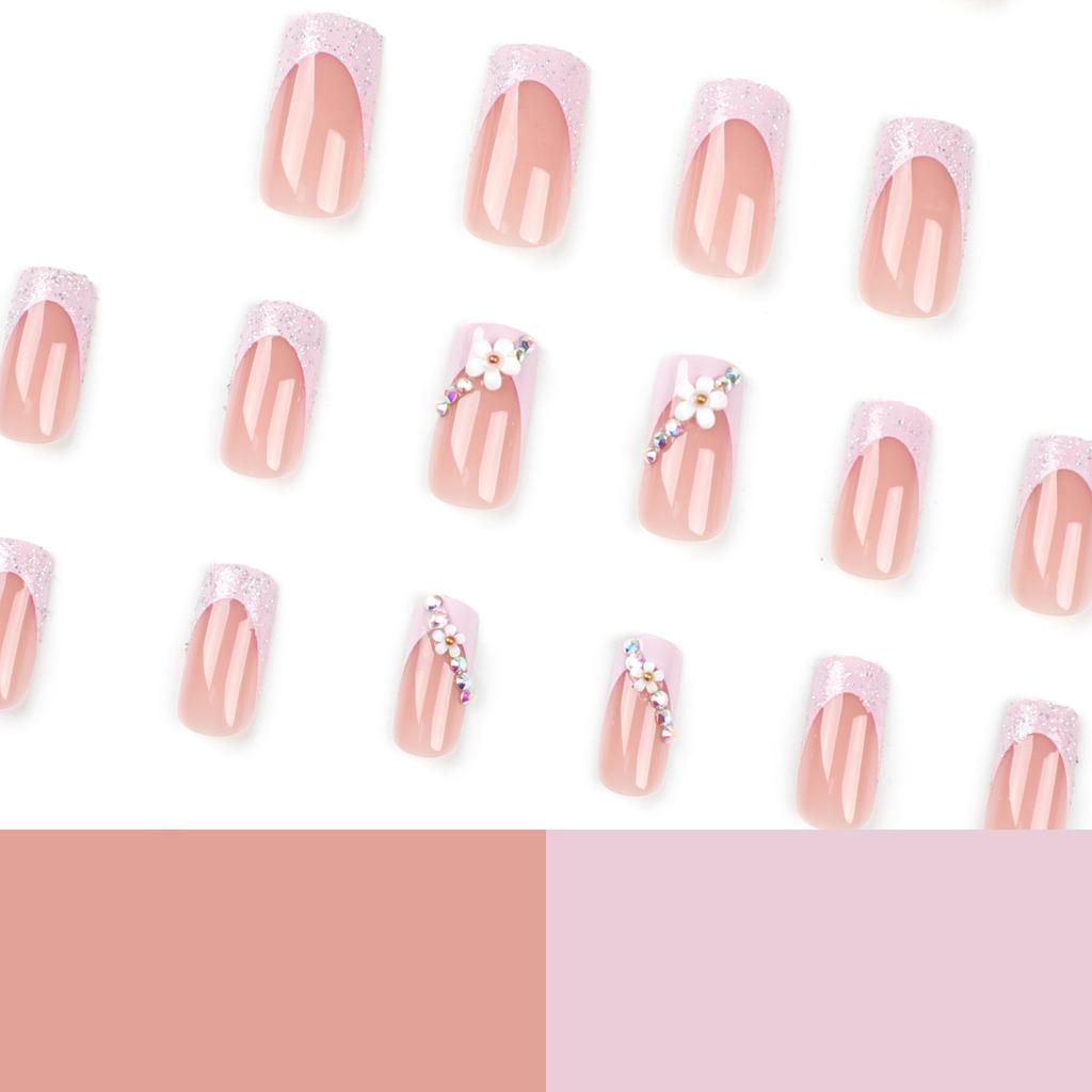 24 pezzi Indossare unghia Pezzo finito Nail Art Patch Fiore Flash Diamante Ins French Quadrato Indossare unghia
