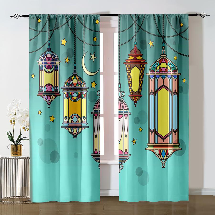 2 ks Tyrkysové vitrážové lucerny a závěsy s potiskem půlměsíce a hvězdy, Ideální pro výzdobu oken na Ramadan/Eid, Závěsy s kapsou na tyč