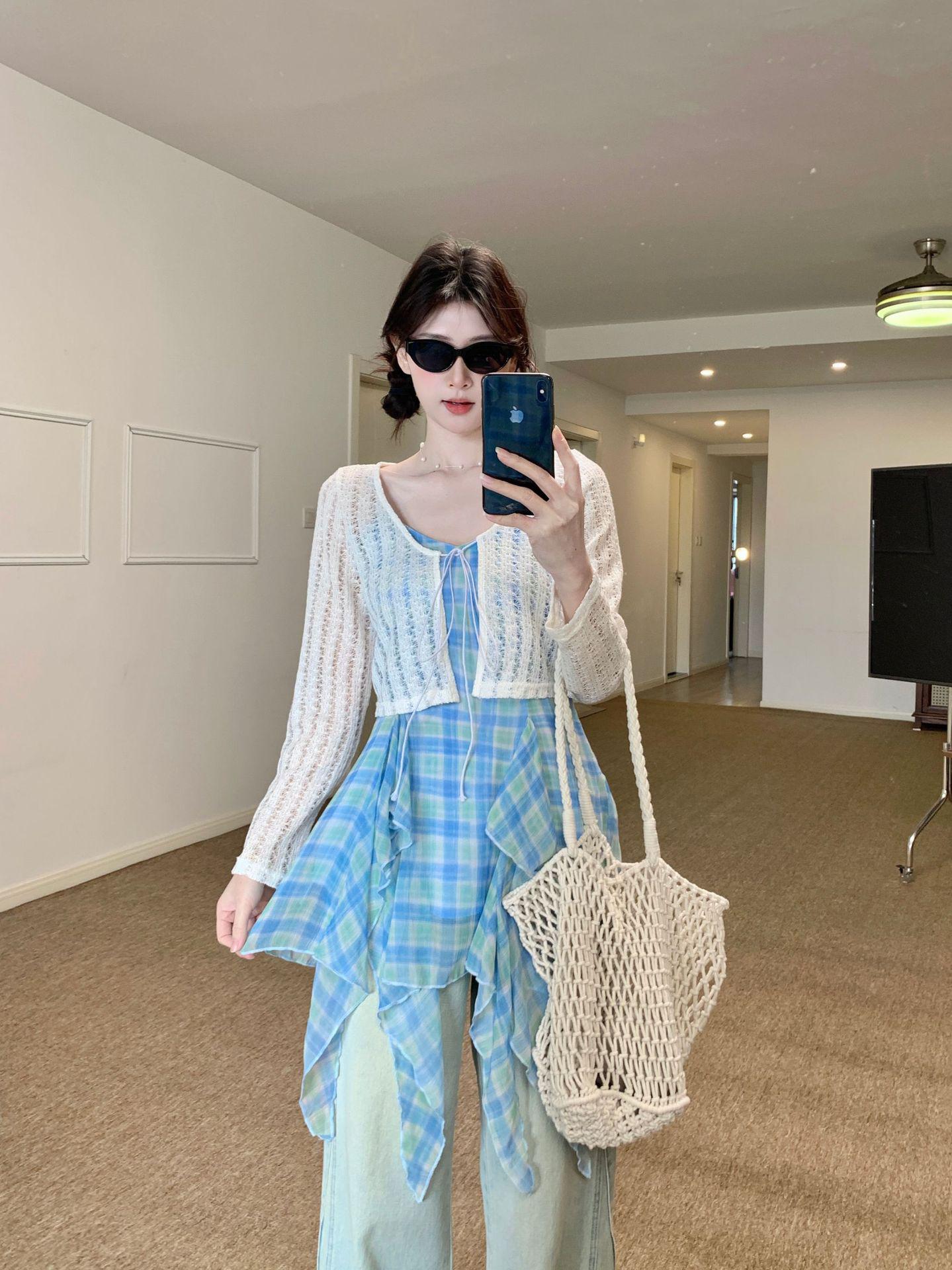 

Plus Size Plaid Patchwork Camisole Dress & Cardigan Set with Irregular Hem L