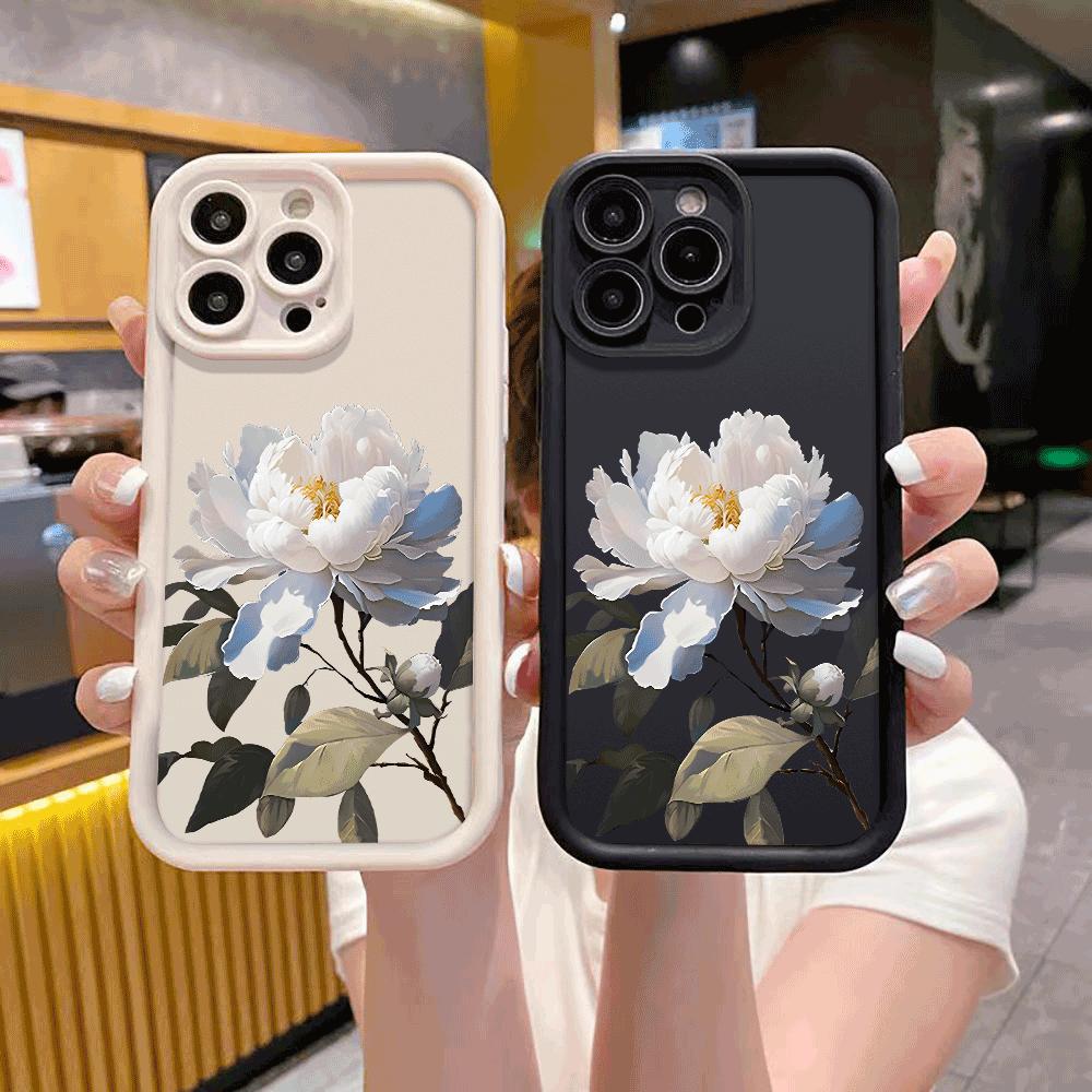 White Peony with Blue Accents Soft TPU Phone Case for iPhone 16 15 14 13 12 11 Pro Max Plus Shockproof Anti-Slip Cover