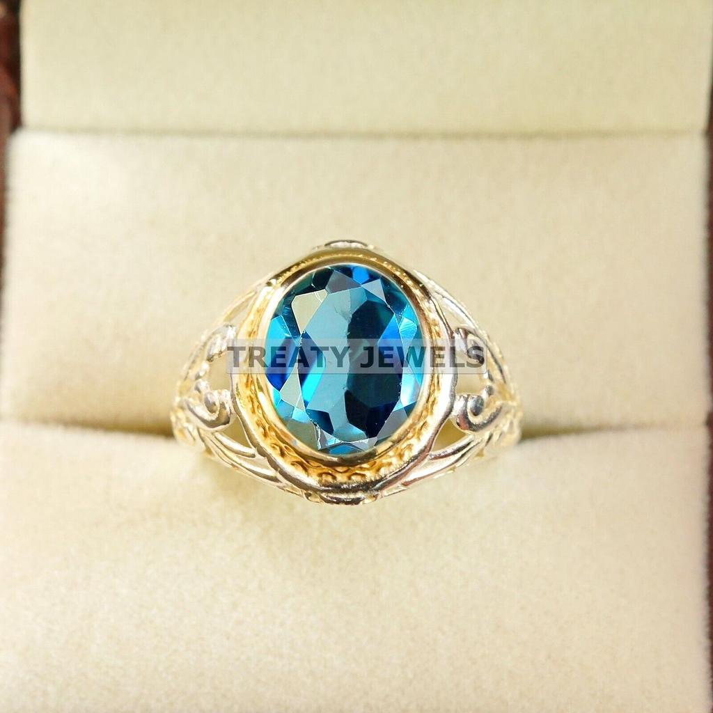 London Blue Topaz Oval Gemstone With 925 Sterling Silver Ring For Men's #B225 JL375675967808