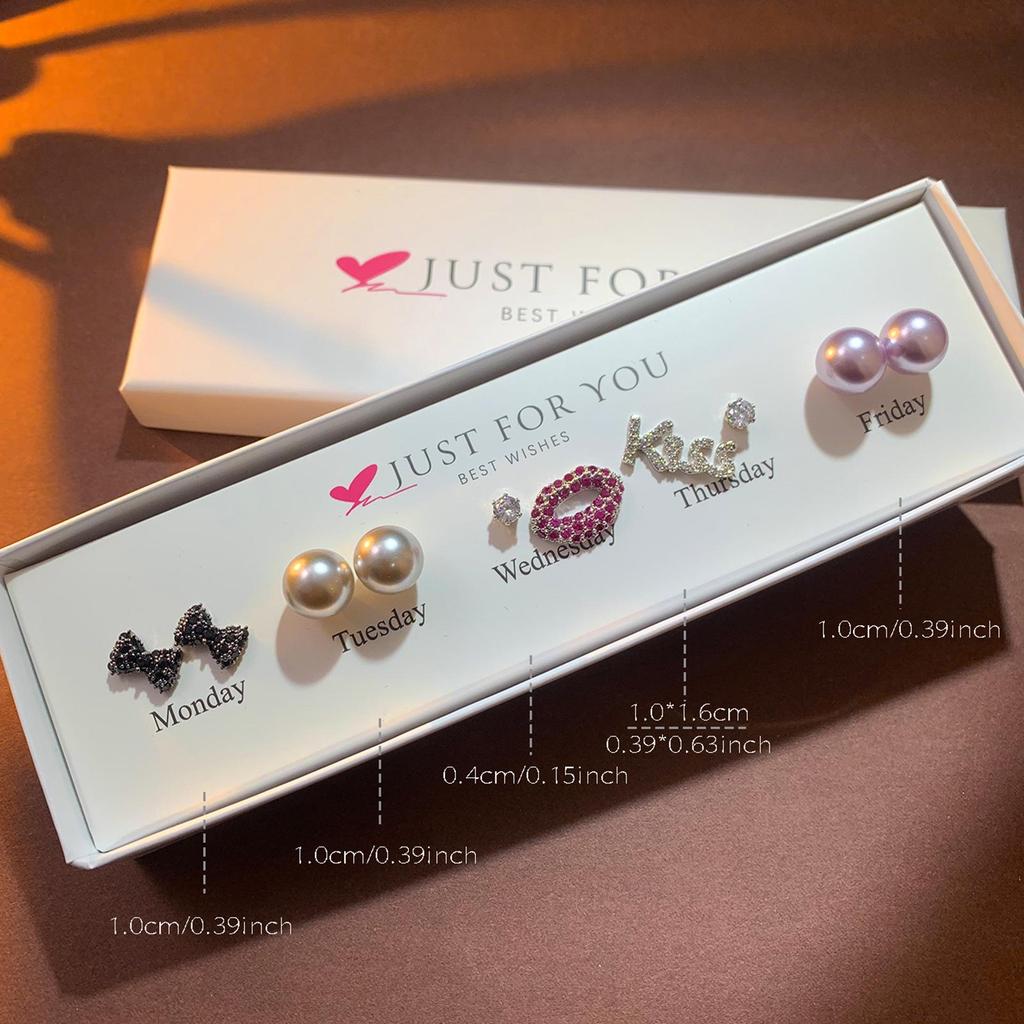 Weekly Earring Set: Flower Zircon Studs, Simple Ear Cuffs, Pearl Tassel French Earrings - 5 Pairs