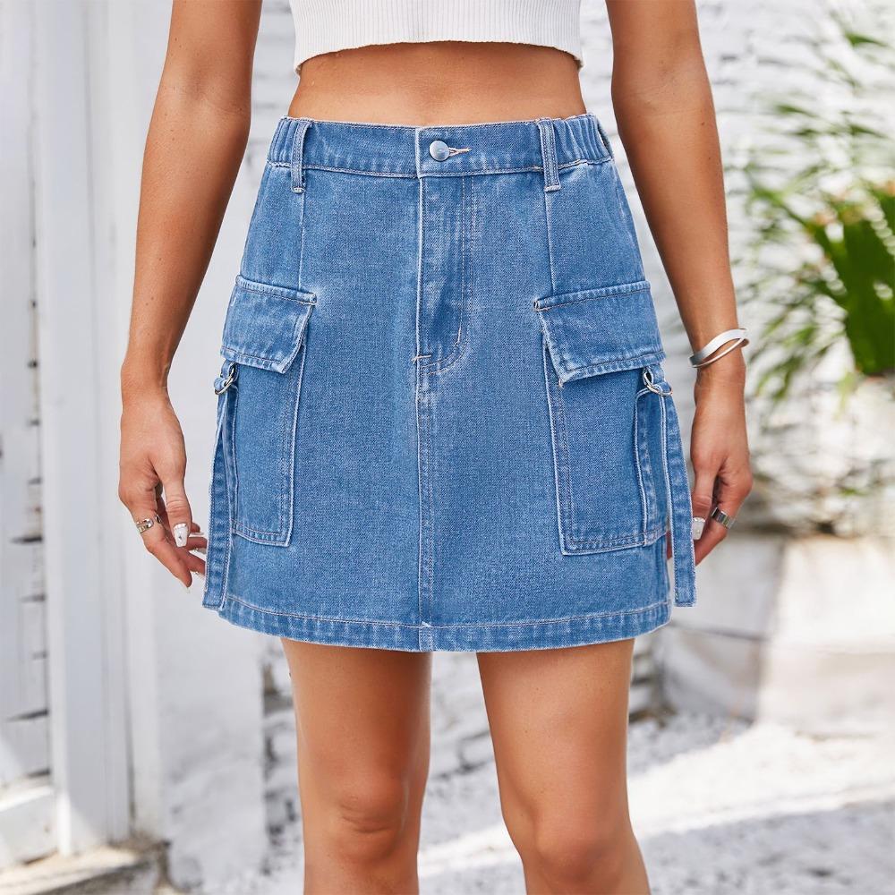 Women's Elastic Waist Straight Mini Denim Skirt Street Style Cargo Mini Skirt