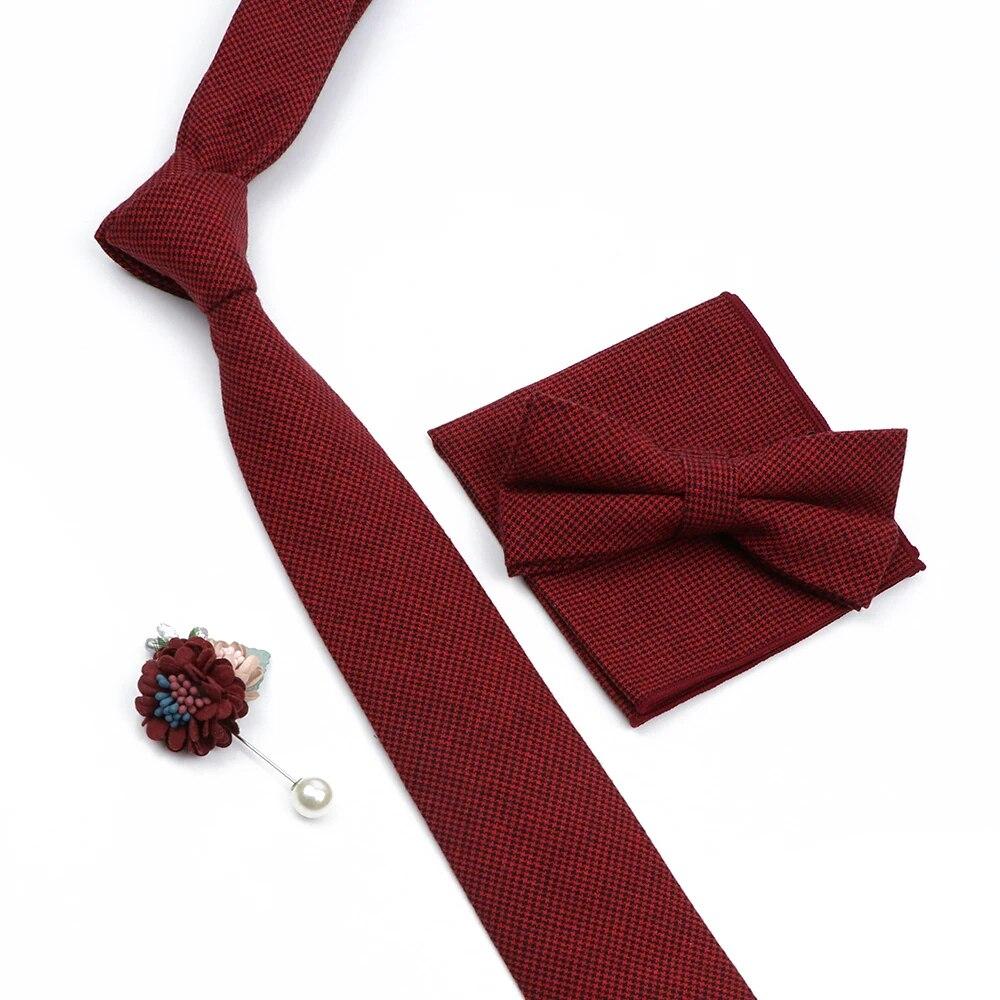 Solid Color Cotton Necktie Set For Men Tie 4pcs Hanky Cufflinks Rhinestone FLoral Brooch Tie Set