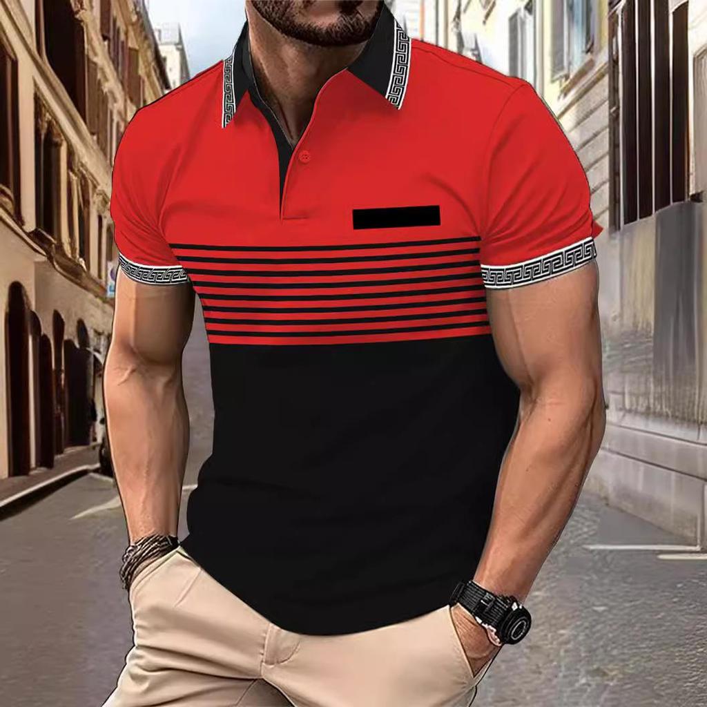 Sommer Gewinde Kragen Bedruckt Herren Kurzarm Revers Knopfleiste Polohemd Oberteile