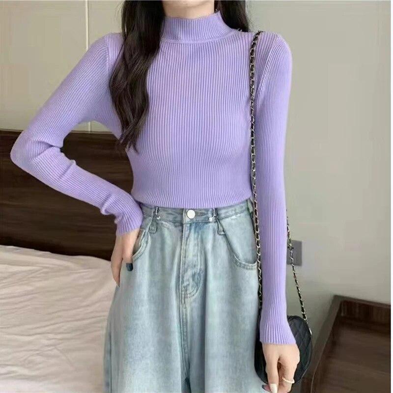 

ITOOLIN женский осенний тонкий свитер с высоким воротником и длинными рукавами, теплый трикотаж, пуловеры, однотонные универсальные зимние нижние свитера One Size фиолетовый