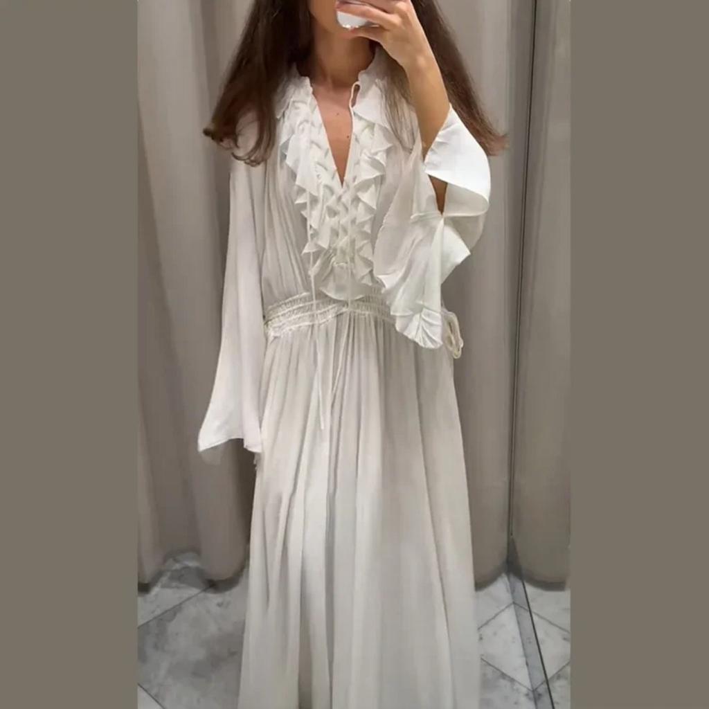 Rochii Lungi Elegante Albe Largi din Gaze Femei Casual Decolteu în V Mânecă Lungă Cloche Robe Lungi Noi Femei Rochie de Birou High Street