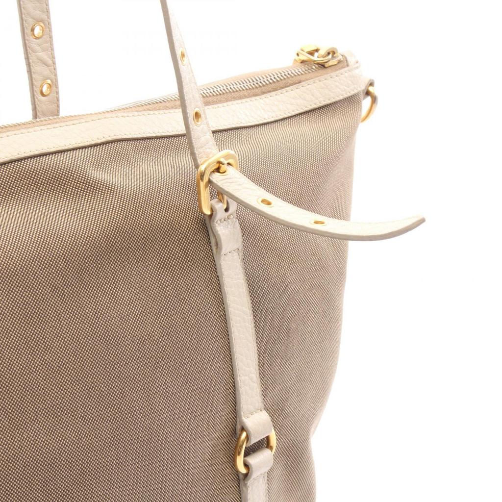 Used PRADA LOGO JACQUARD Logo Jacquard Tote Bag Canvas Leather Khaki Beige Used Women
