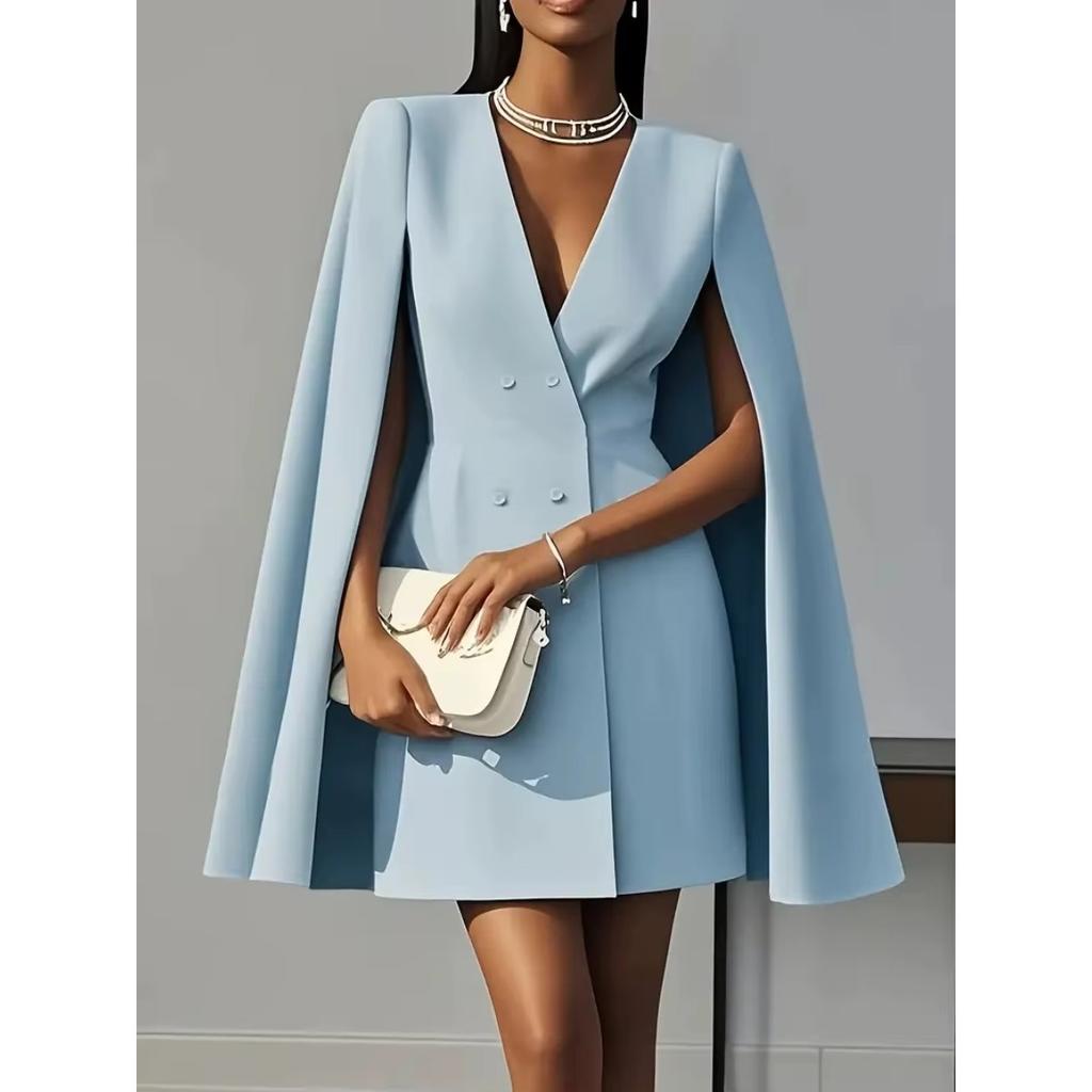 LYRIA Damenmode Pendler Einfarbig Blazer Kleid Büro Zweireihig Taille Partykleid Elegant V-Ausschnitt Schalkragen Umhang Ärmel Midi Kleid