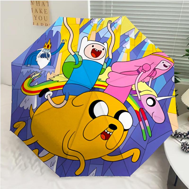 Adventure Time Print Automatic Umbrella, 8 Rib Iron Frame, Plastic Handle, Suitable for Outdoor Travel &Daily , Ideal Gift