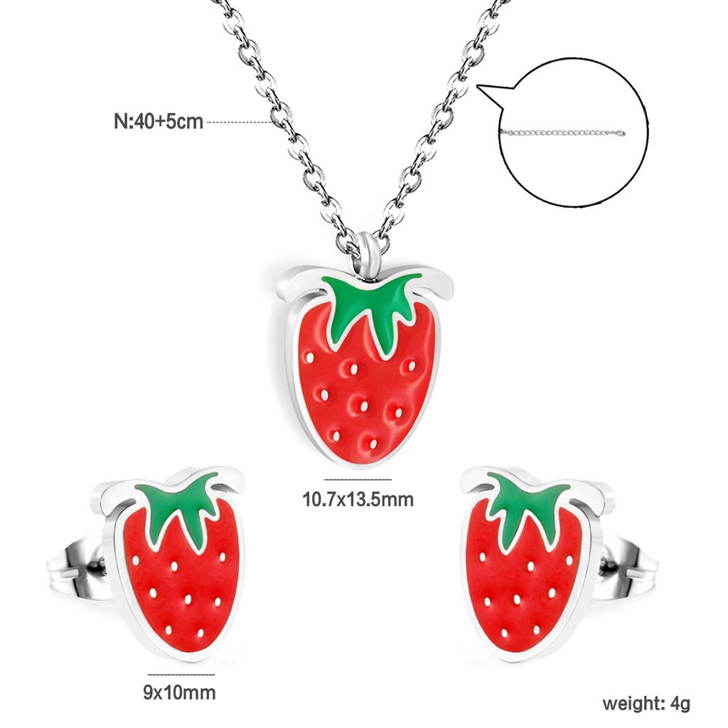 Sweet Strawberry Fruit Drip Oil Necklace Earrings Jewelry Set Cute Gift For Women Girls