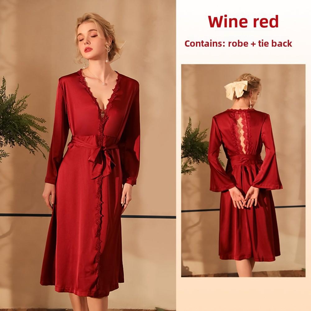 Sexy Nachthemd Langer Bademantel Sexy Pyjama Damen Langärmliger Neckholder Damen Satin Loungewear