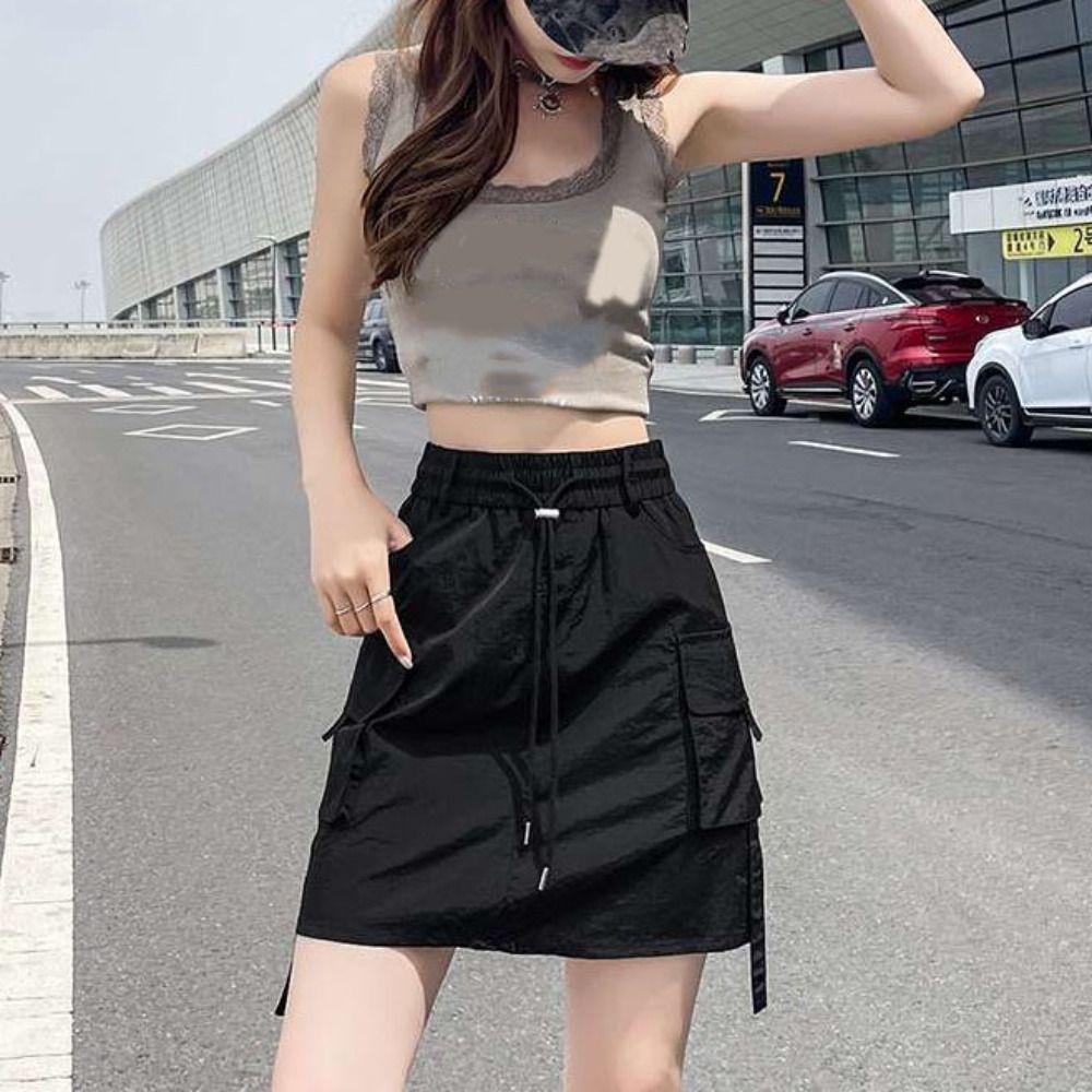 Drawstring Wide Half Leg Skirts Lace Up Causal Skirts Women Fashion High Waist Skirt  Streetwear